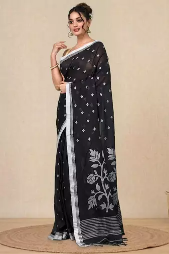 black geometric motifs cotton blend soft saree