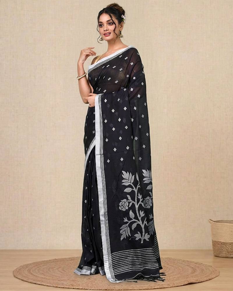 black geometric motifs cotton blend soft saree