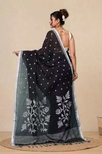 black geometric motifs cotton blend soft saree