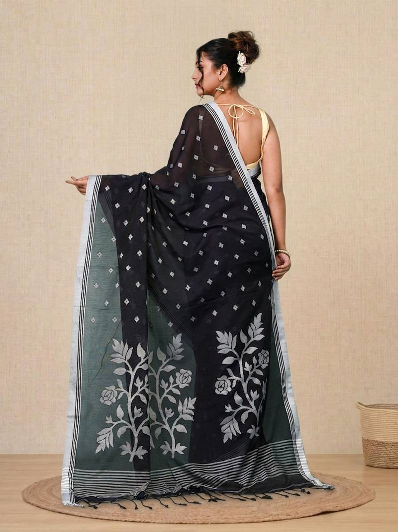 black geometric motifs cotton blend soft saree