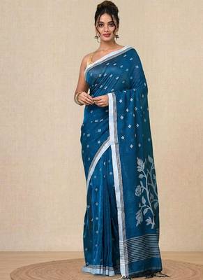 sapphire blue geometric motifs cotton blend soft saree 1