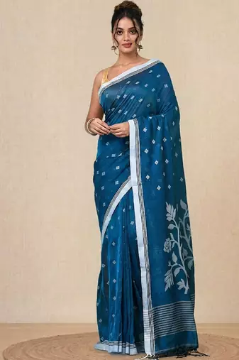 sapphire blue geometric motifs cotton blend soft saree
