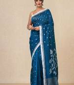 sapphire blue geometric motifs cotton blend soft saree