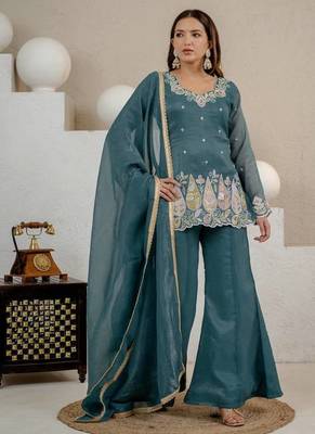 Teal Color Sequence And  Embroidery Work Silk Blend Salwar Suit 1