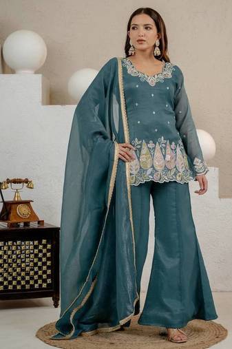 Teal sequin And Embroidery Work Silk Blend Salwar Suit