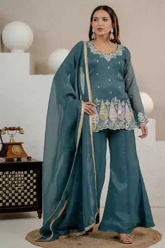 Teal Color Sequence And  Embroidery Work Silk Blend Salwar Suit