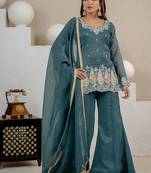 Teal Color Sequence And  Embroidery Work Silk Blend Salwar Suit