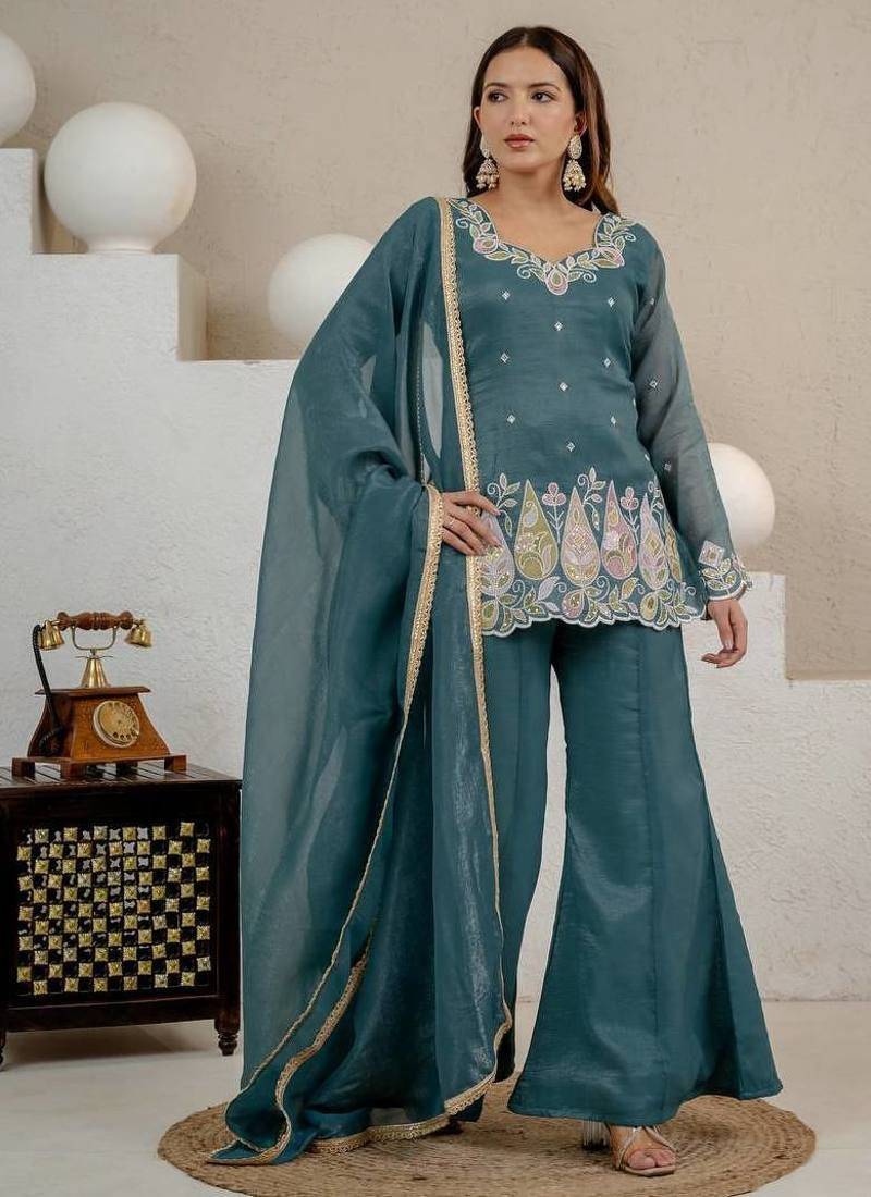 Teal Color Sequence And  Embroidery Work Silk Blend Salwar Suit