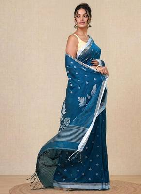 sapphire blue geometric motifs cotton blend soft saree 2