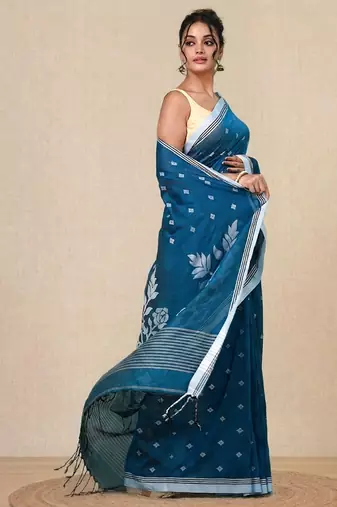 sapphire blue geometric motifs cotton blend soft saree