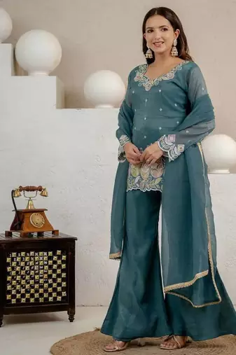 Teal Color Sequence And  Embroidery Work Silk Blend Salwar Suit