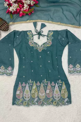 Teal Color Sequence And  Embroidery Work Silk Blend Salwar Suit