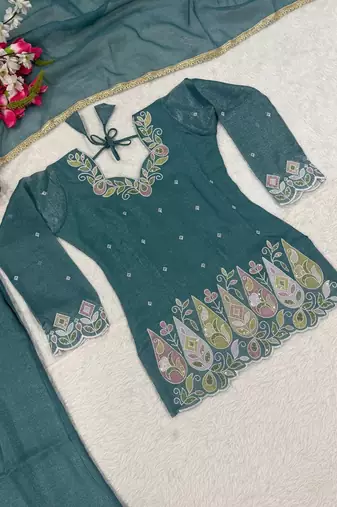 Teal Color Sequence And  Embroidery Work Silk Blend Salwar Suit
