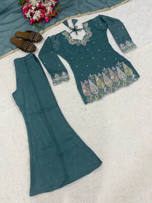 Teal Color Sequence And  Embroidery Work Silk Blend Salwar Suit 5