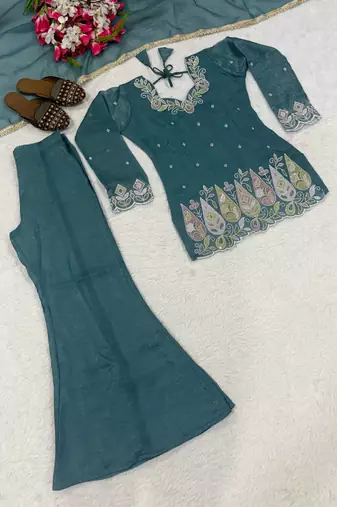 Teal Color Sequence And  Embroidery Work Silk Blend Salwar Suit