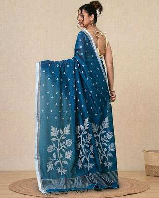 sapphire blue geometric motifs cotton blend soft saree 3