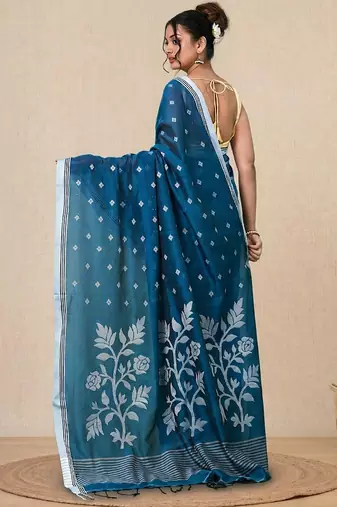 sapphire blue geometric motifs cotton blend soft saree