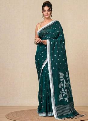 teal geometric motifs cotton blend soft saree 1