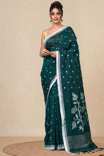 teal geometric motifs cotton blend soft saree