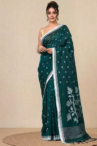 teal geometric motifs cotton blend soft saree
