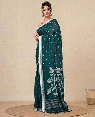 teal geometric motifs cotton blend soft saree 2