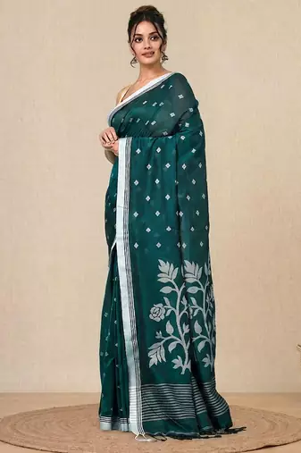 teal geometric motifs cotton blend soft saree