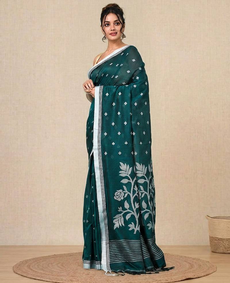 teal geometric motifs cotton blend soft saree