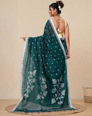 teal geometric motifs cotton blend soft saree 3