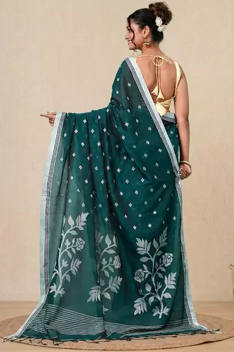 teal geometric motifs cotton blend soft saree