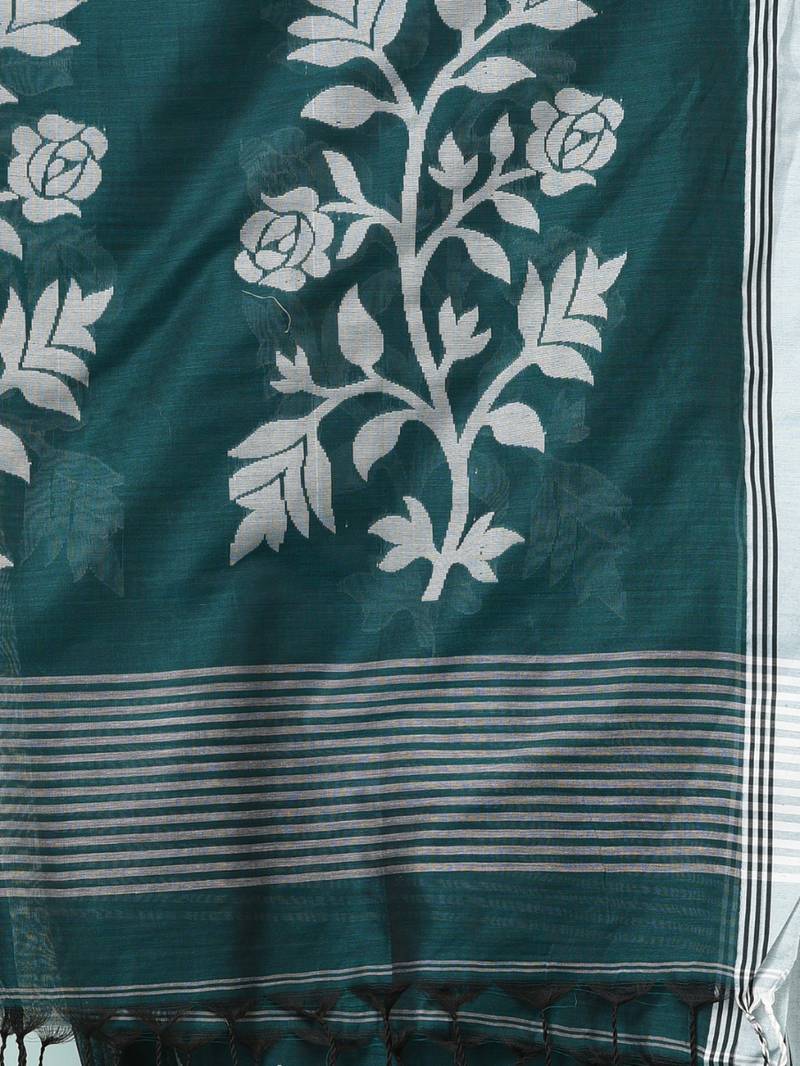 teal geometric motifs cotton blend soft saree