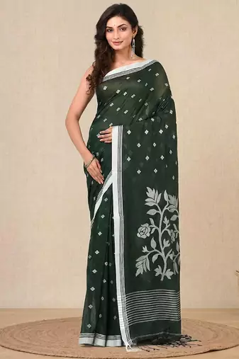 green geometric motifs cotton blend soft saree
