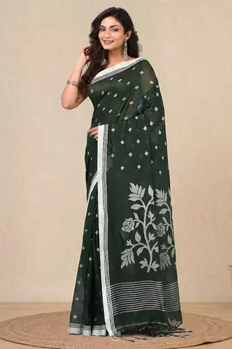 green geometric motifs cotton blend soft saree