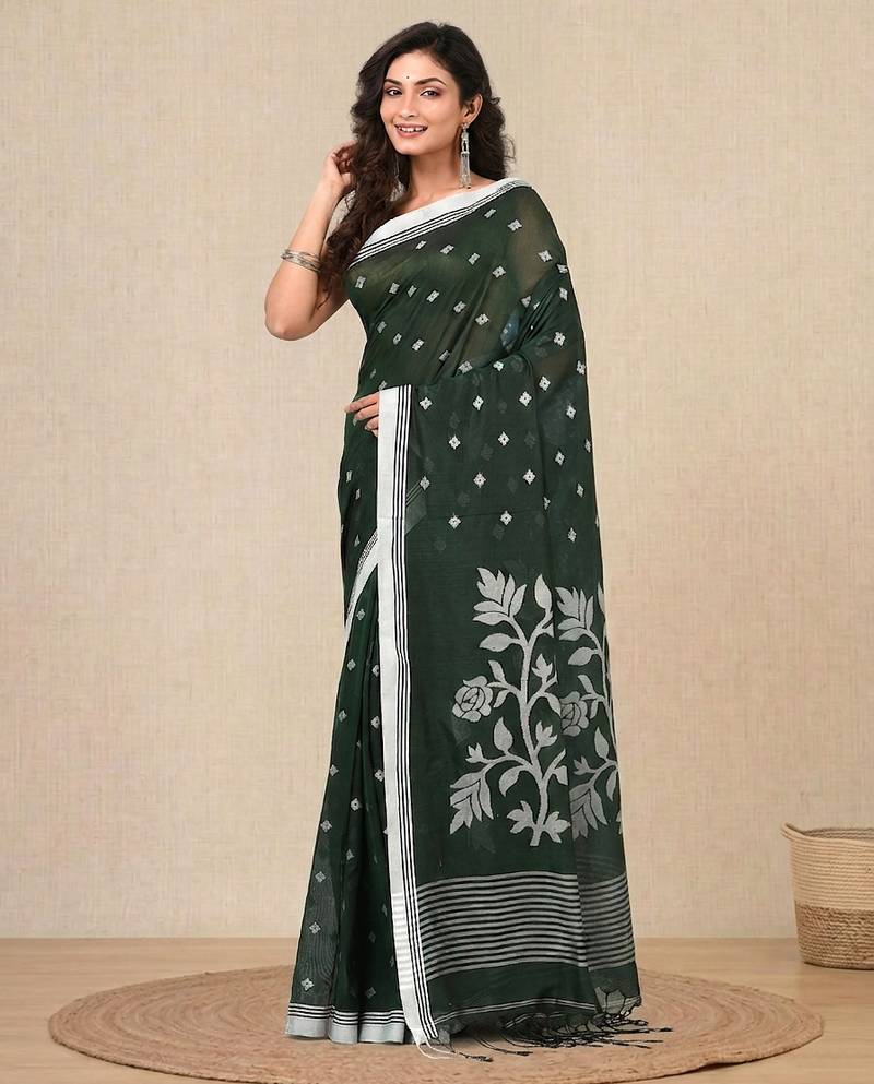 green geometric motifs cotton blend soft saree
