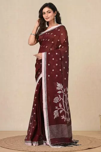 maroon geometric motifs cotton blend soft saree