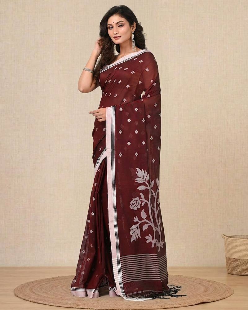 maroon geometric motifs cotton blend soft saree