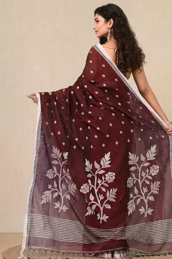 maroon geometric motifs cotton blend soft saree