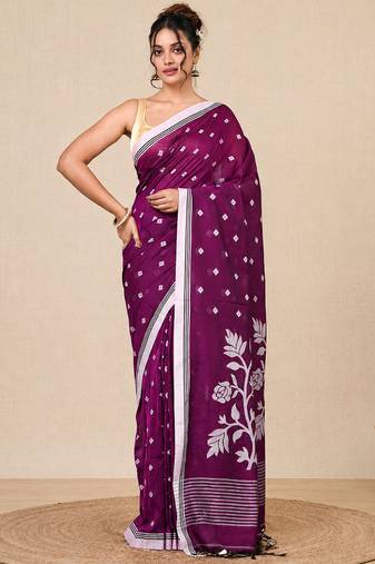 purple geometric motifs cotton blend soft saree