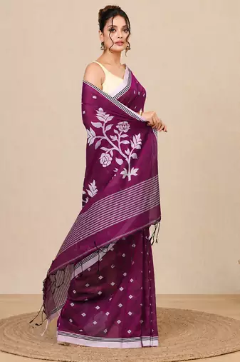 purple geometric motifs cotton blend soft saree
