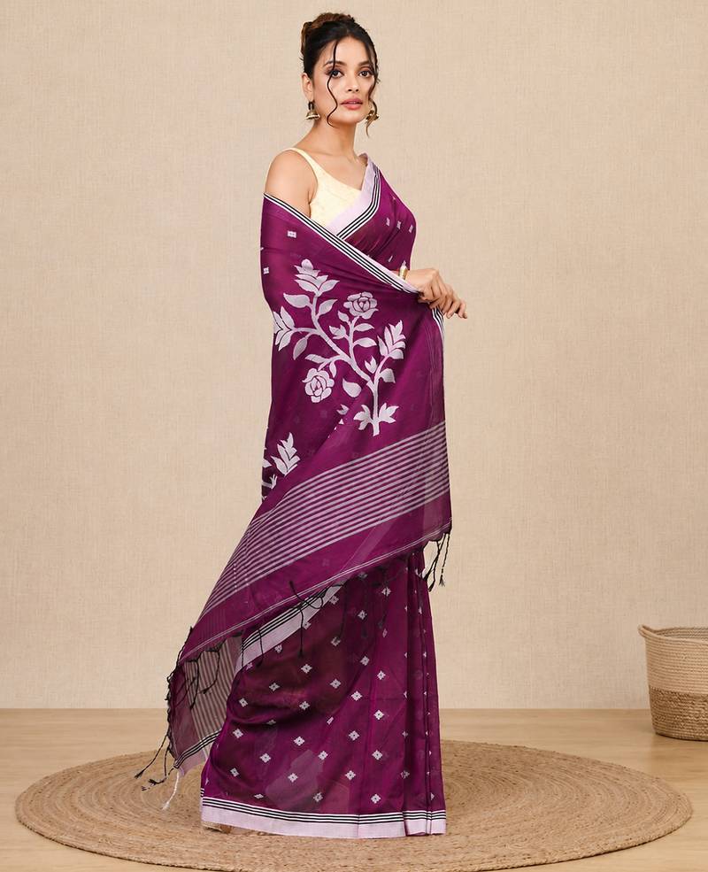 purple geometric motifs cotton blend soft saree