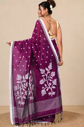 purple geometric motifs cotton blend soft saree