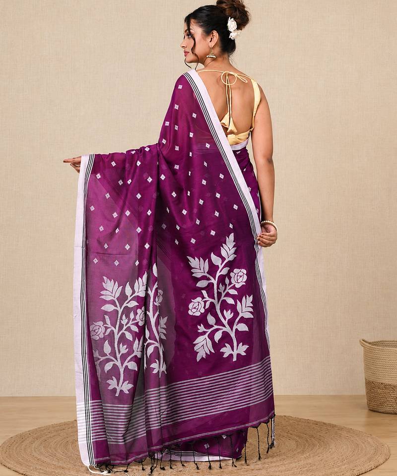 purple geometric motifs cotton blend soft saree