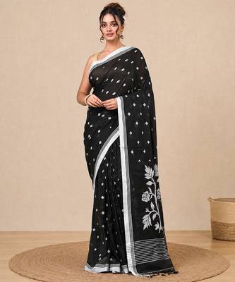 black geometric motifs cotton blend soft saree 1