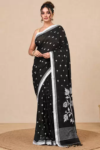 black geometric motifs cotton blend soft saree