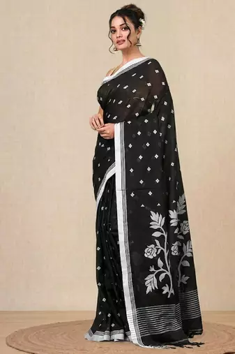 black geometric motifs cotton blend soft saree