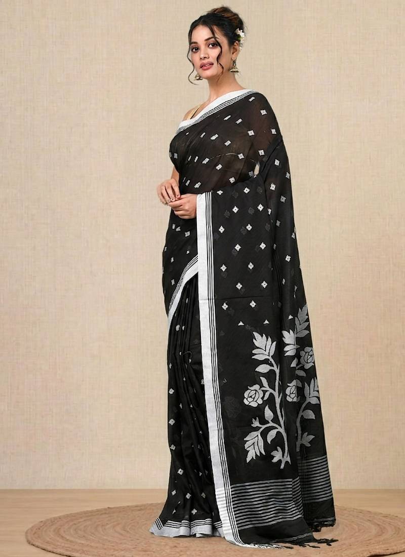 black geometric motifs cotton blend soft saree