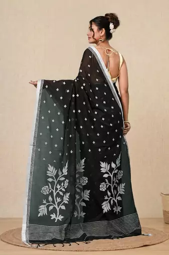 black geometric motifs cotton blend soft saree