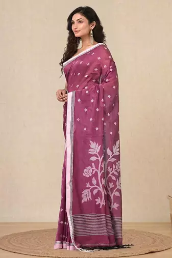 pink geometric motifs cotton blend soft saree