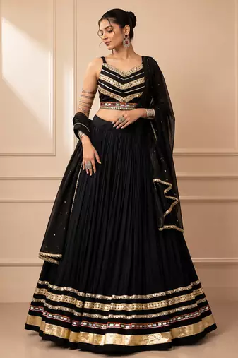 Black Cotton Gamthi Work Lehenga Choli with Georgette Dupatta