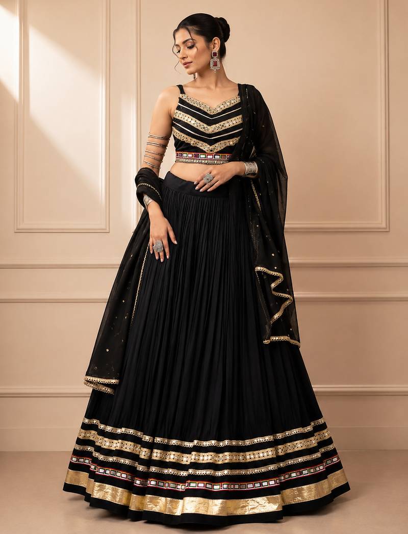 Black Cotton Gamthi Work Lehenga Choli with Georgette Dupatta