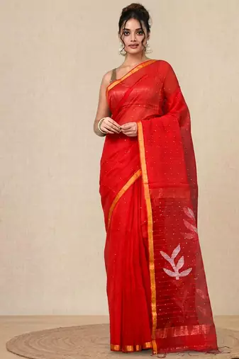 red sequin work resham silk blend soft saree